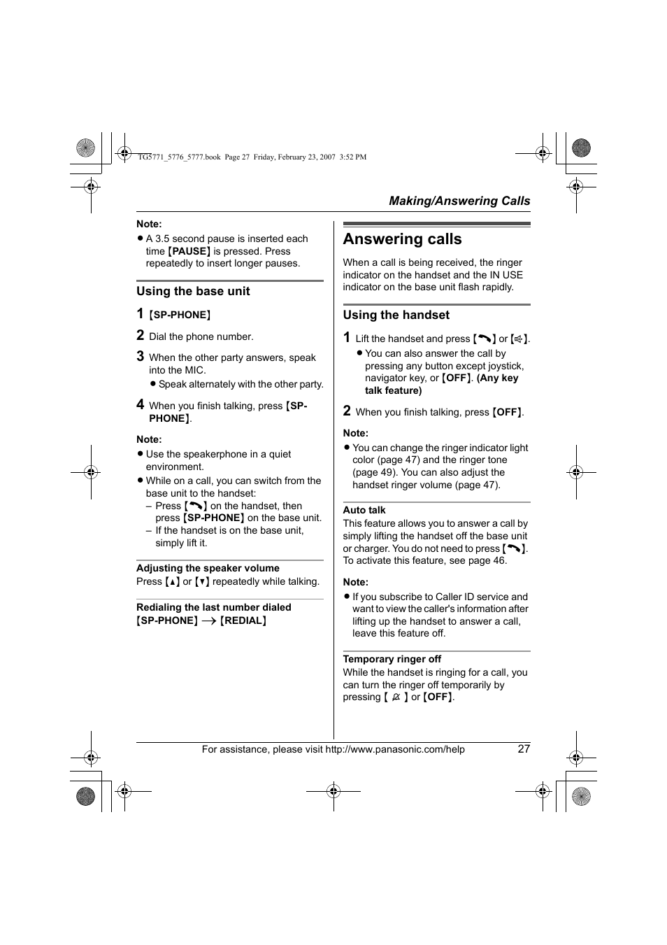 Answering calls | Panasonic KX-TG5771 User Manual | Page 27 / 84