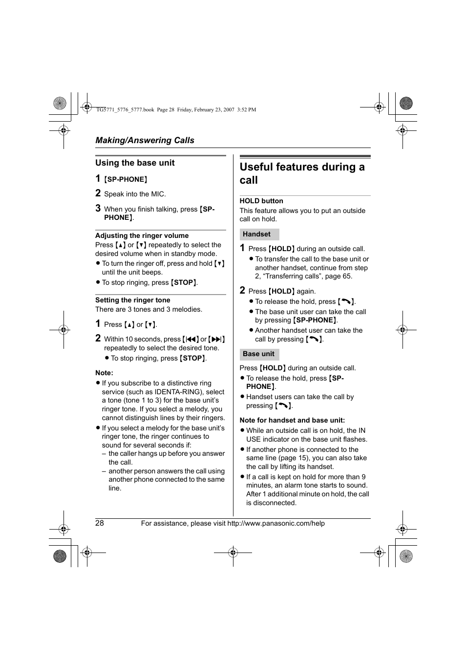 Useful features during a call | Panasonic KX-TG5771 User Manual | Page 28 / 84