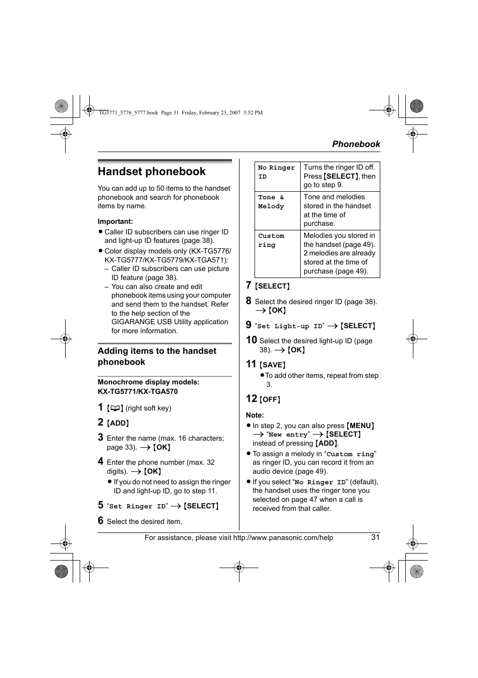 Phonebook, Handset phonebook | Panasonic KX-TG5771 User Manual | Page 31 / 84