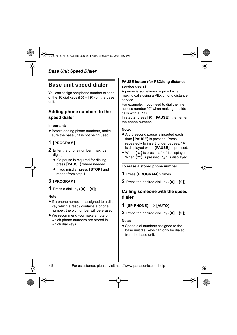 Base unit speed dialer | Panasonic KX-TG5771 User Manual | Page 36 / 84