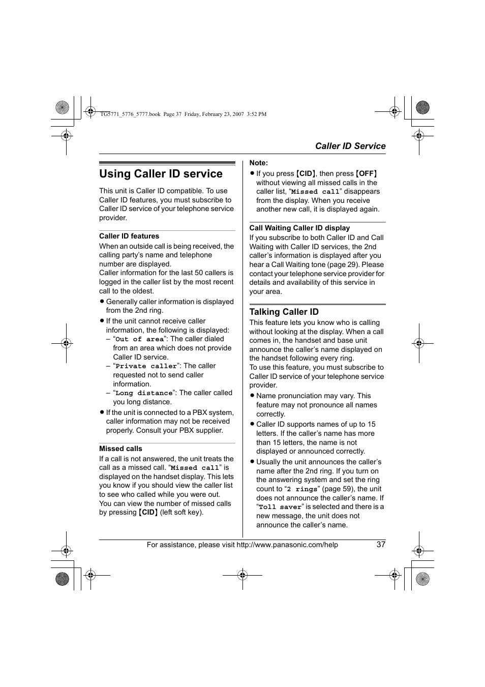 Caller id service, Using caller id service | Panasonic KX-TG5771 User Manual | Page 37 / 84