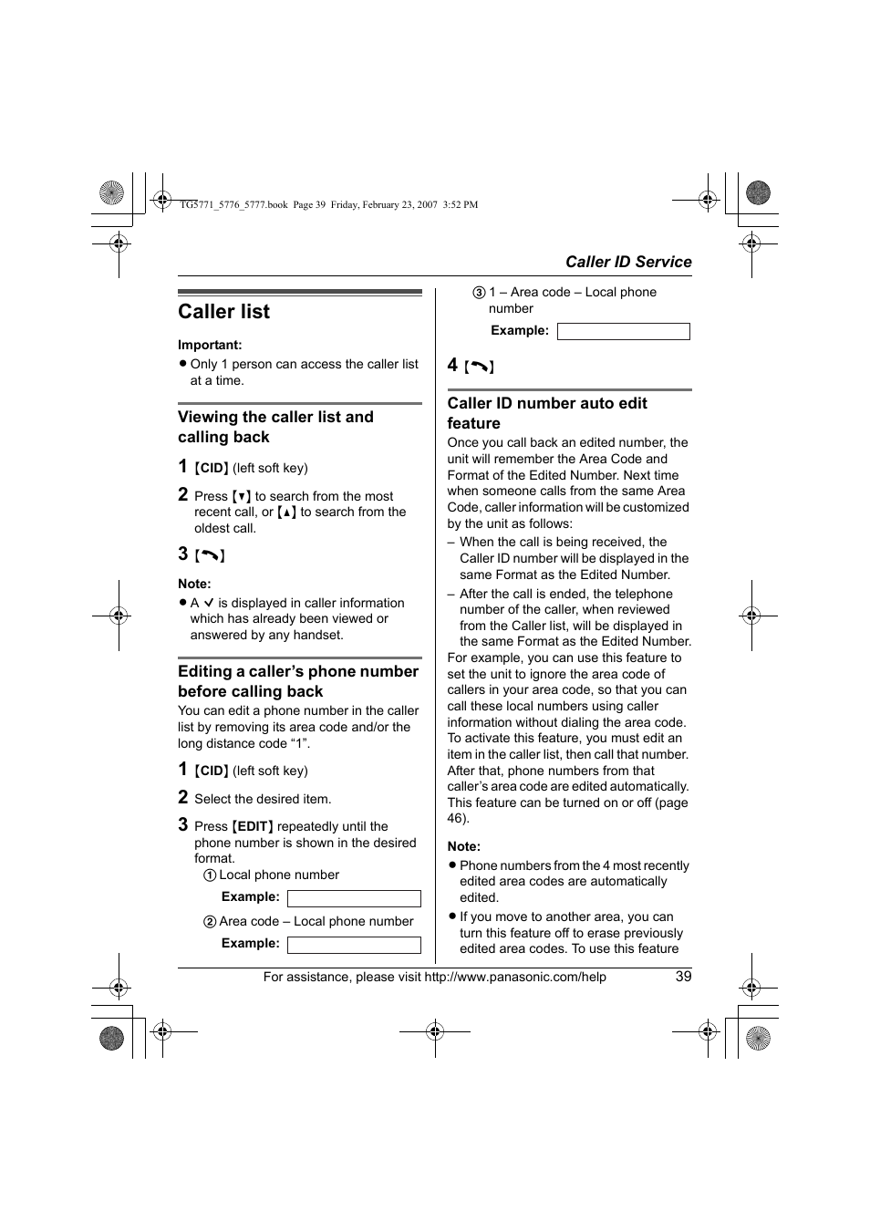 Caller list | Panasonic KX-TG5771 User Manual | Page 39 / 84