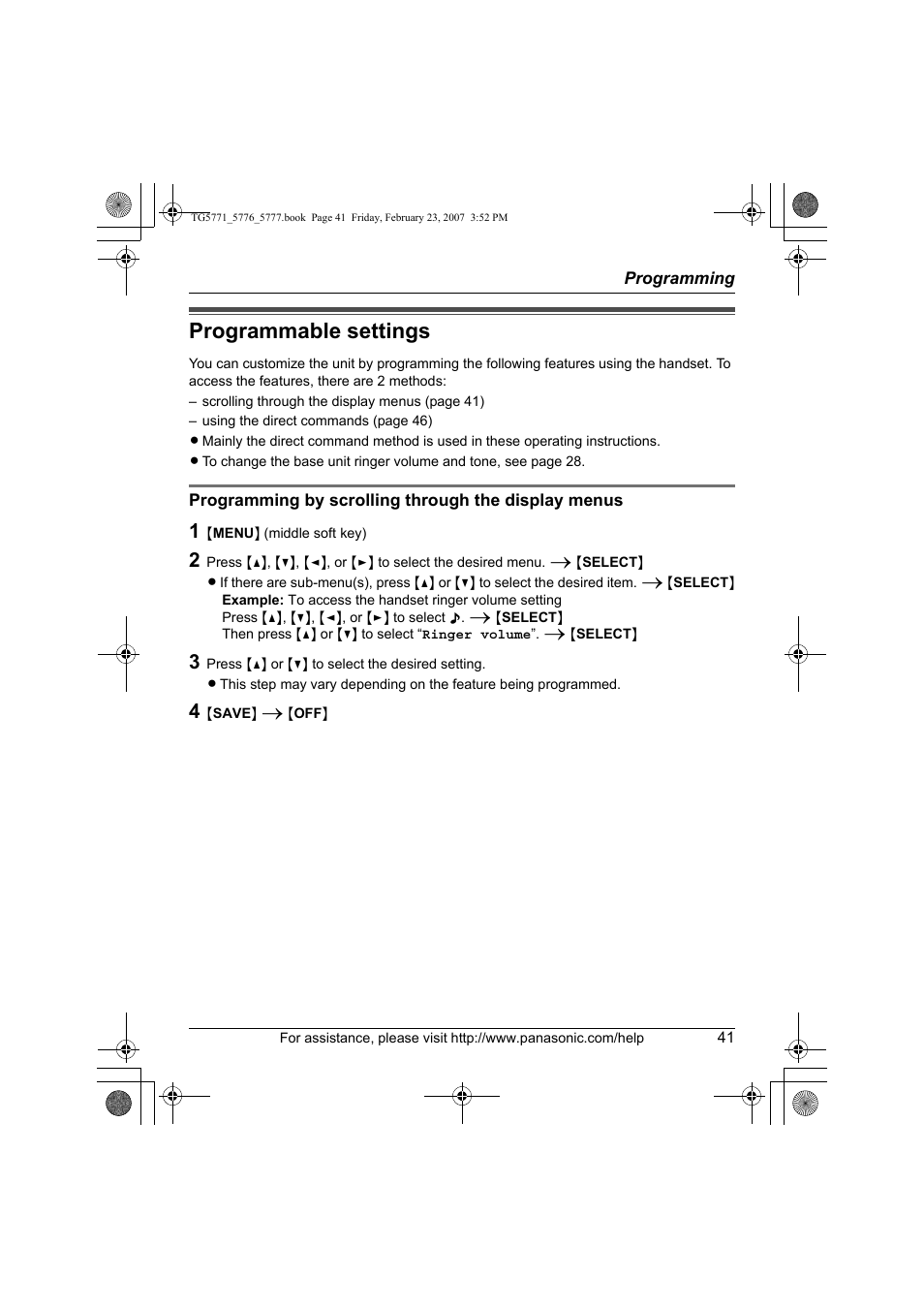 Programming, Programmable settngs, Programmable settings | Panasonic KX-TG5771 User Manual | Page 41 / 84