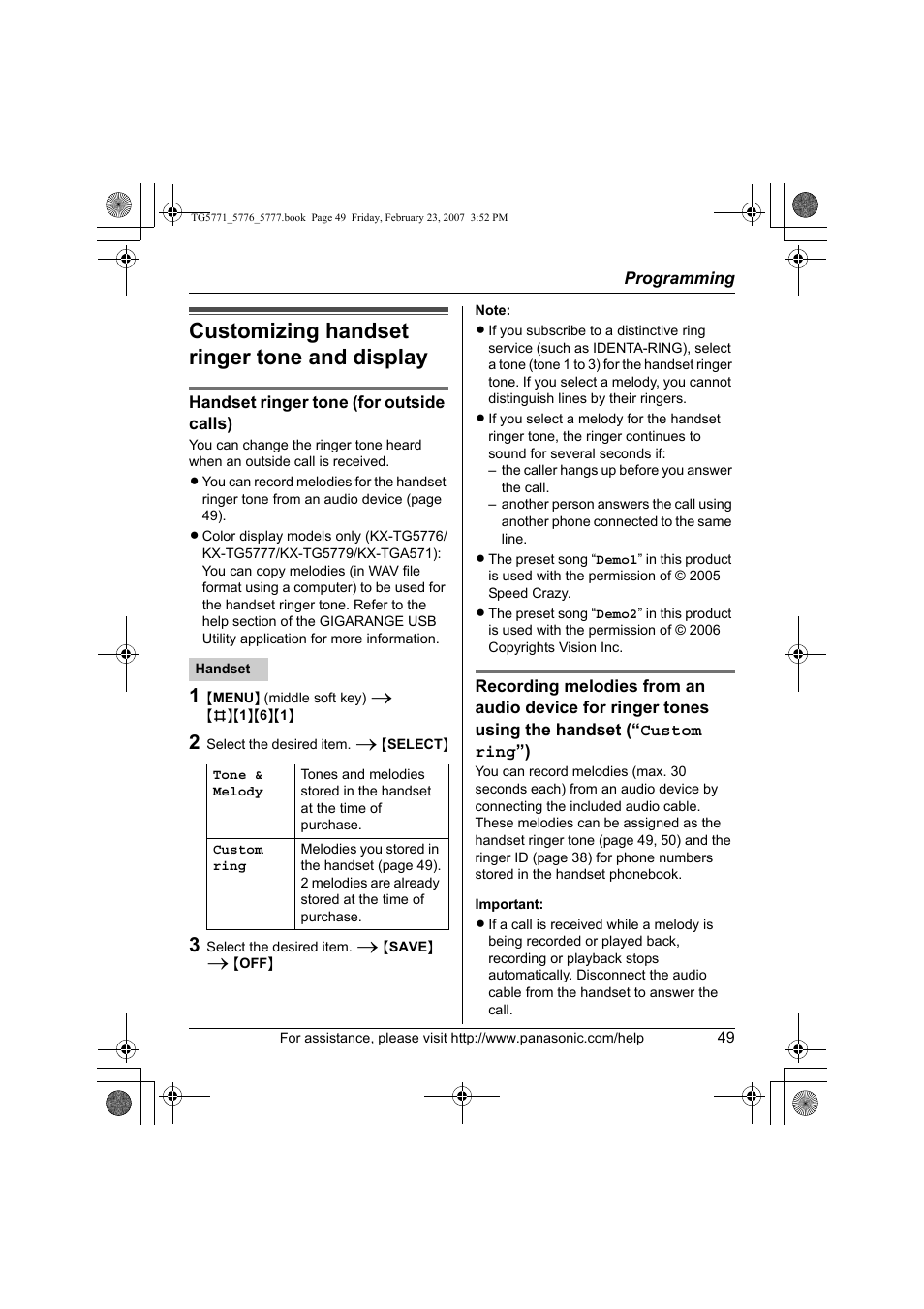 Customizing handset ringer tone and display | Panasonic KX-TG5771 User Manual | Page 49 / 84