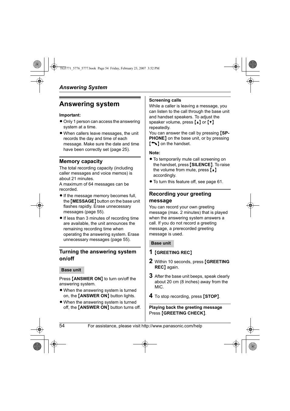 Answering system | Panasonic KX-TG5771 User Manual | Page 54 / 84