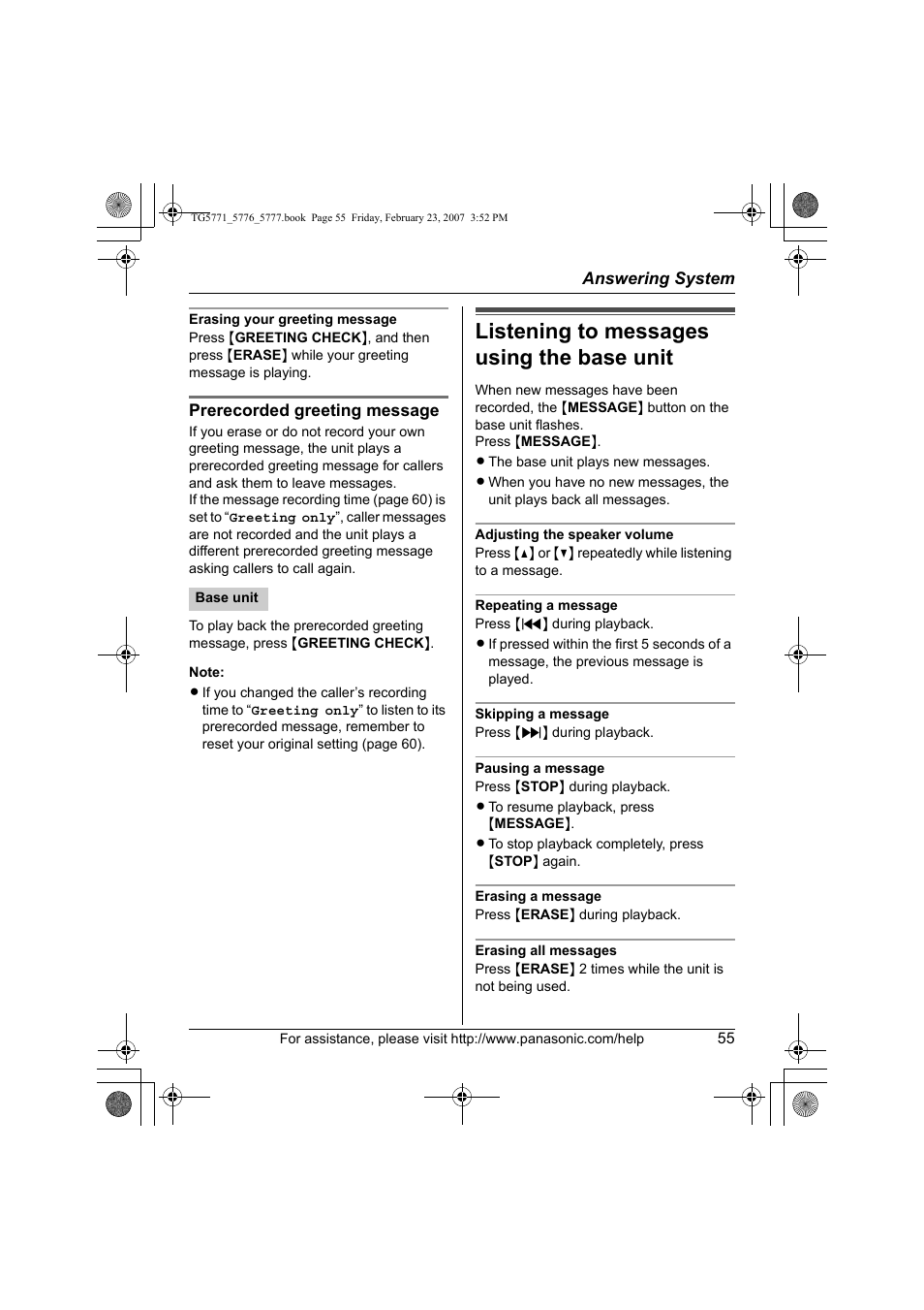 Listening to messages using the base unit | Panasonic KX-TG5771 User Manual | Page 55 / 84