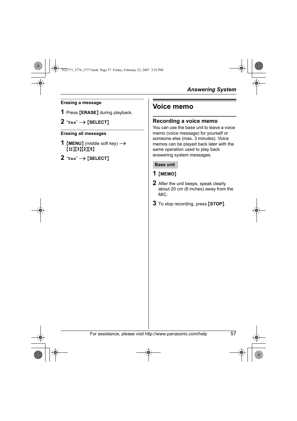 Voice memo | Panasonic KX-TG5771 User Manual | Page 57 / 84