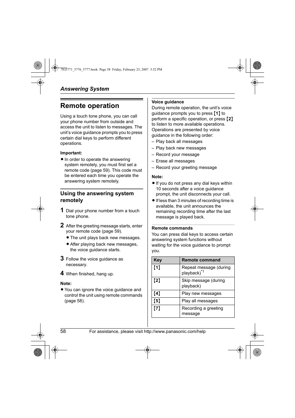Remote operation | Panasonic KX-TG5771 User Manual | Page 58 / 84