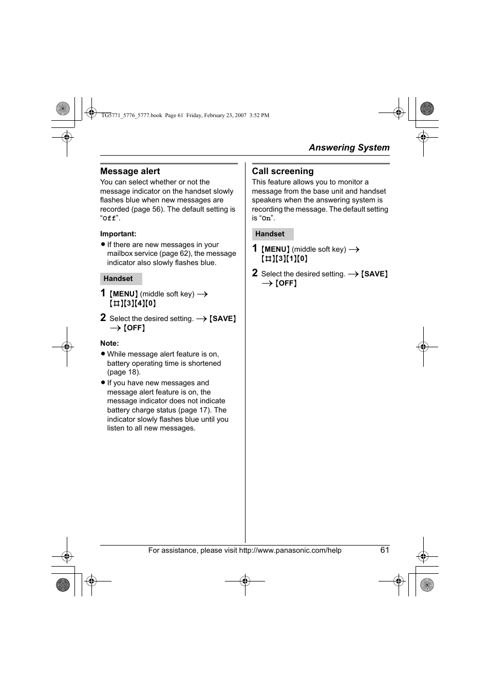 Panasonic KX-TG5771 User Manual | Page 61 / 84