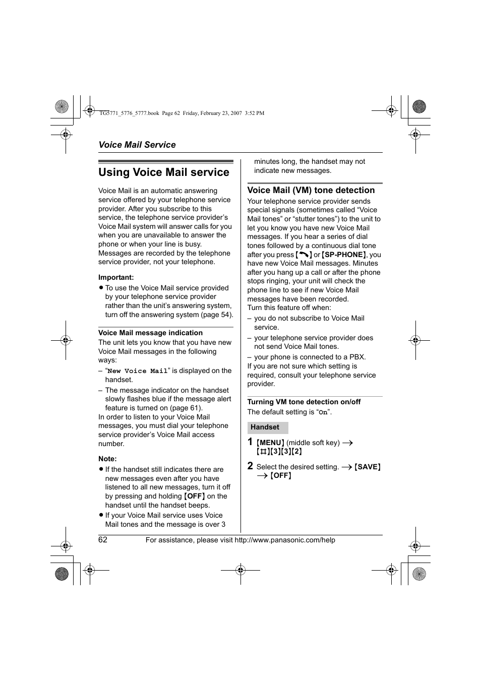 Voice mail service, Using voice mail service | Panasonic KX-TG5771 User Manual | Page 62 / 84