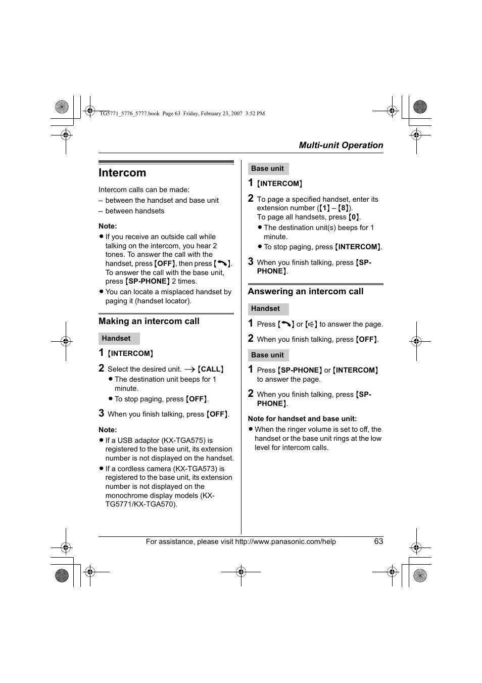 Multi-unit operation, Intercom | Panasonic KX-TG5771 User Manual | Page 63 / 84