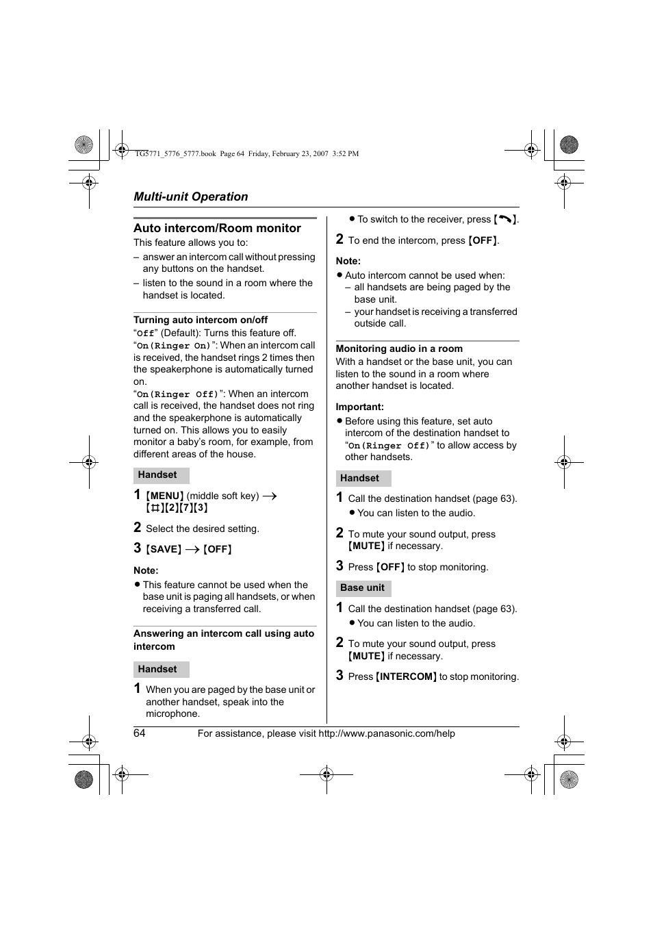 Panasonic KX-TG5771 User Manual | Page 64 / 84