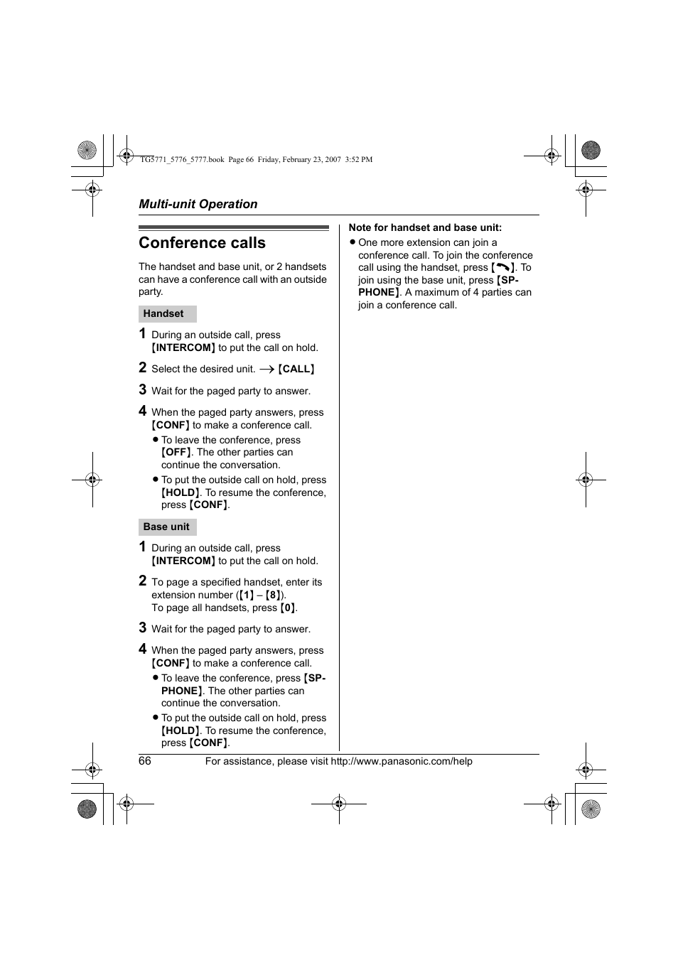 Conference calls | Panasonic KX-TG5771 User Manual | Page 66 / 84