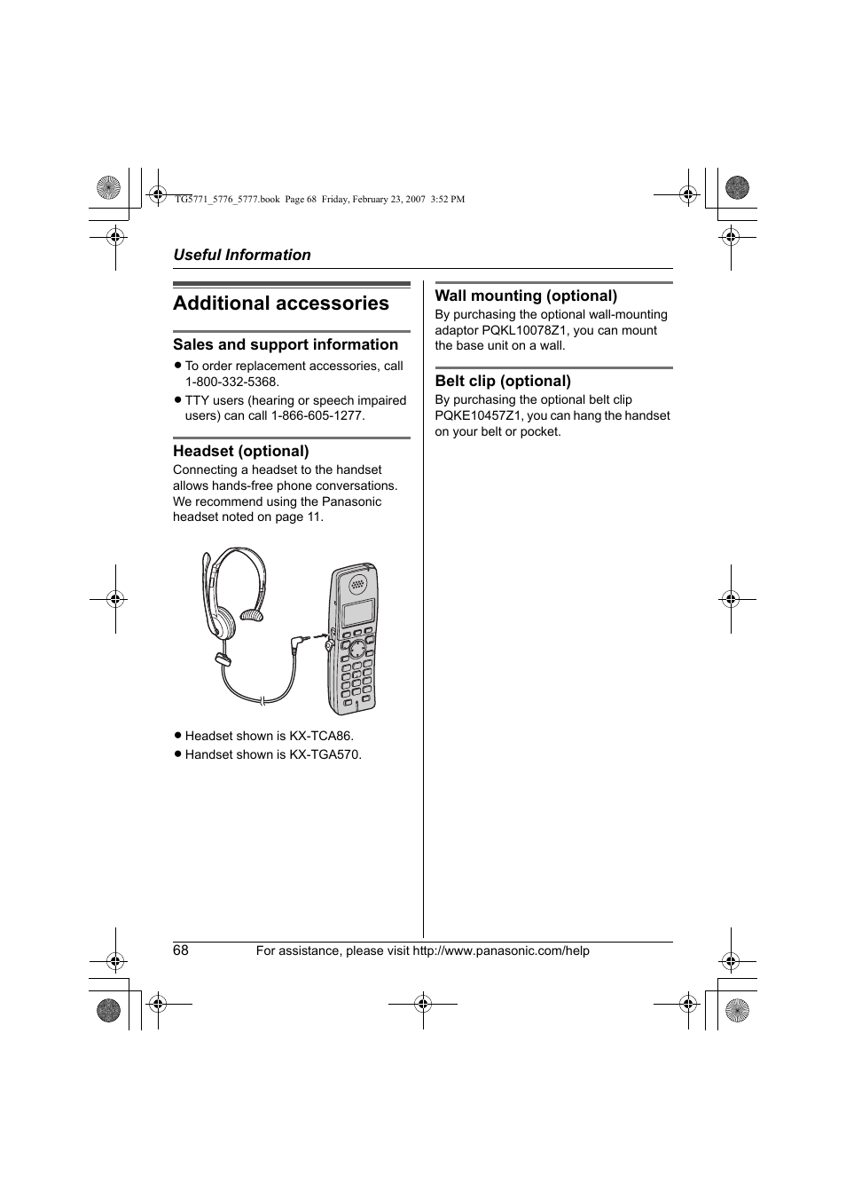 Useful information, Additional accessories | Panasonic KX-TG5771 User Manual | Page 68 / 84