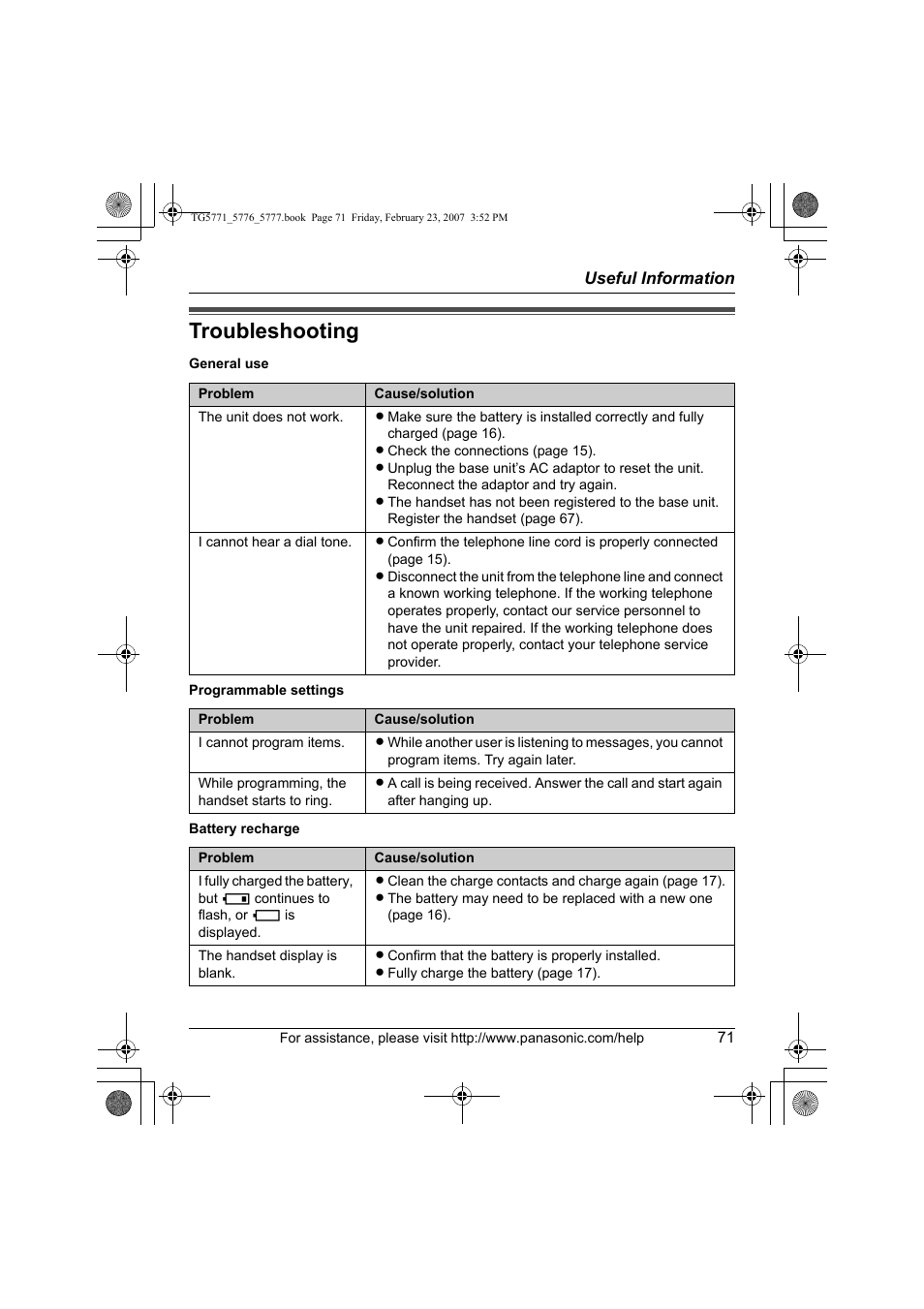 Troubleshooting | Panasonic KX-TG5771 User Manual | Page 71 / 84