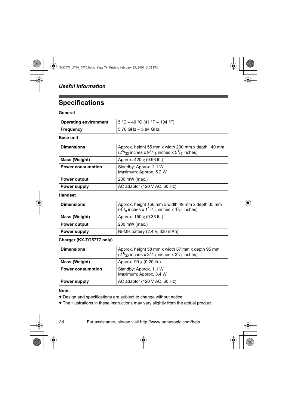 Specifications, Useful information | Panasonic KX-TG5771 User Manual | Page 78 / 84