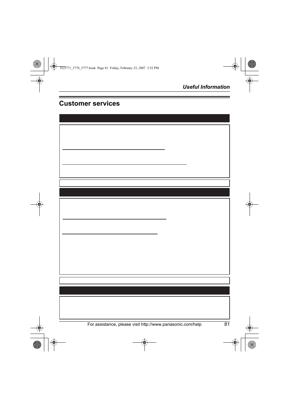 Customer services, Customer services customer services directory, Accessory purchases service in puerto rico | Panasonic KX-TG5771 User Manual | Page 81 / 84