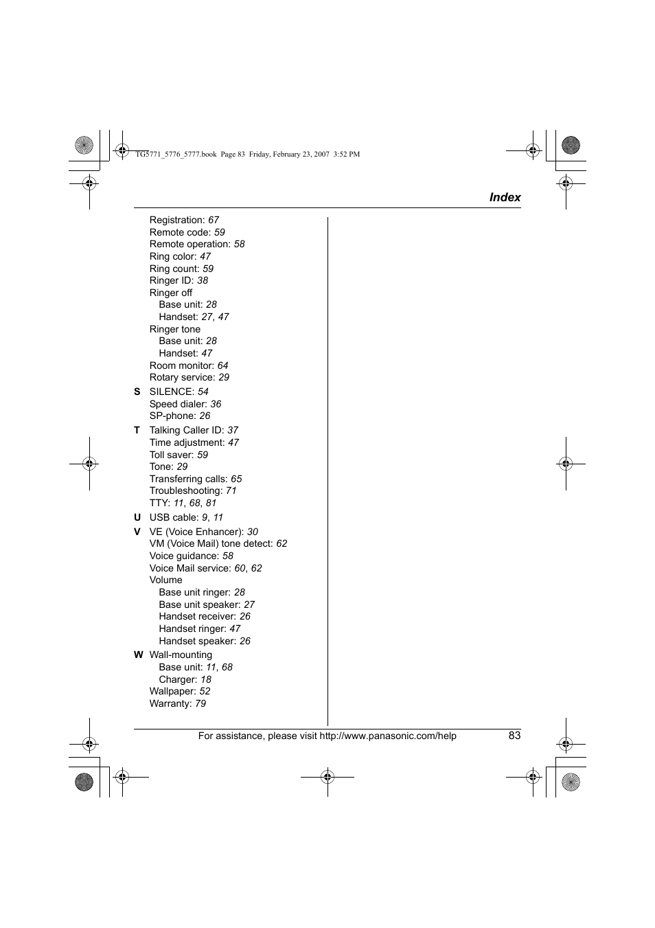 Panasonic KX-TG5771 User Manual | Page 83 / 84