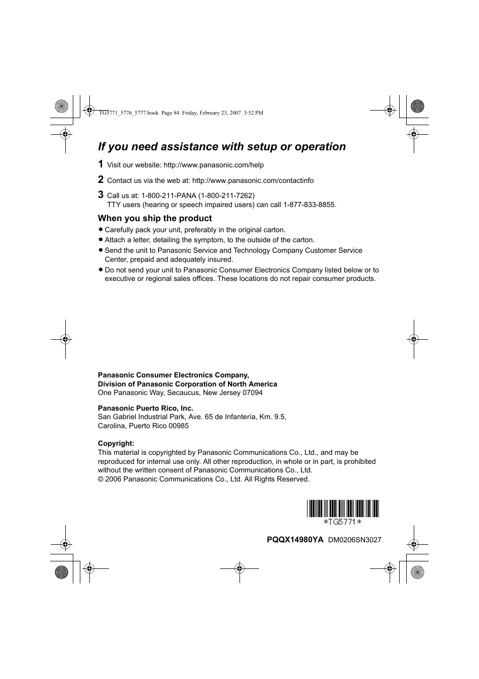 If you need assistance with setup or operation | Panasonic KX-TG5771 User Manual | Page 84 / 84