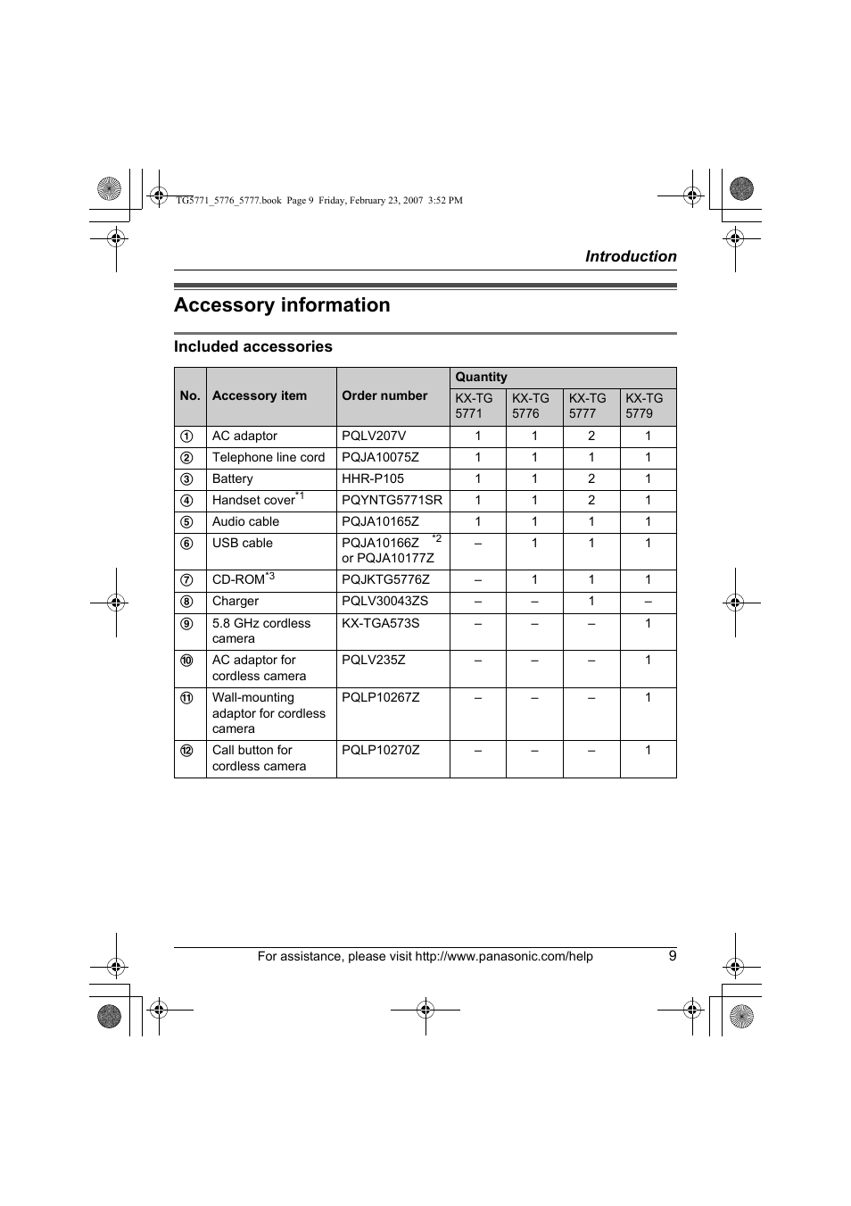 Accessory information | Panasonic KX-TG5771 User Manual | Page 9 / 84