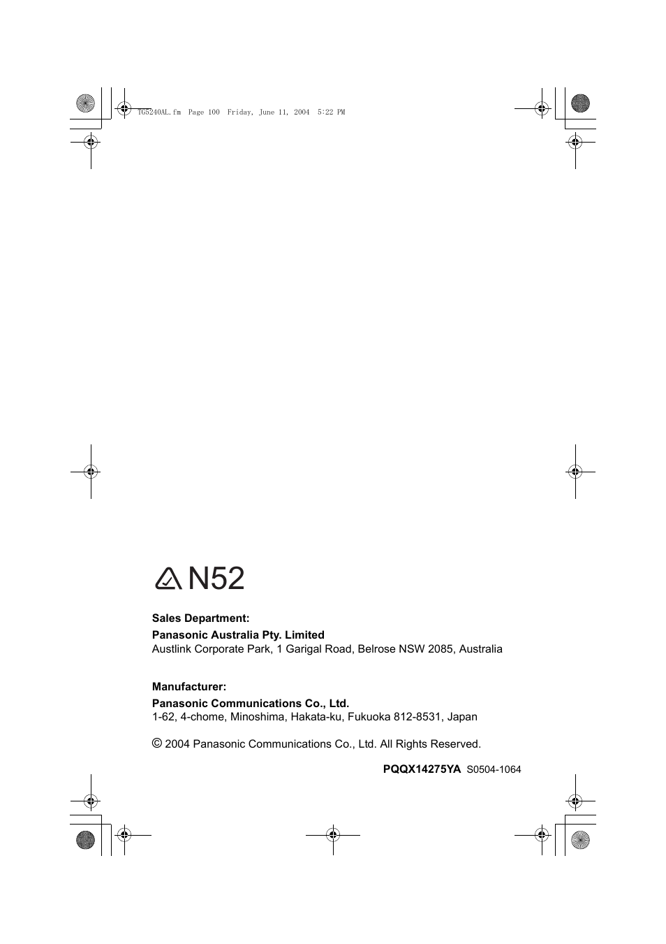 Panasonic KX-TG5240AL User Manual | Page 100 / 100