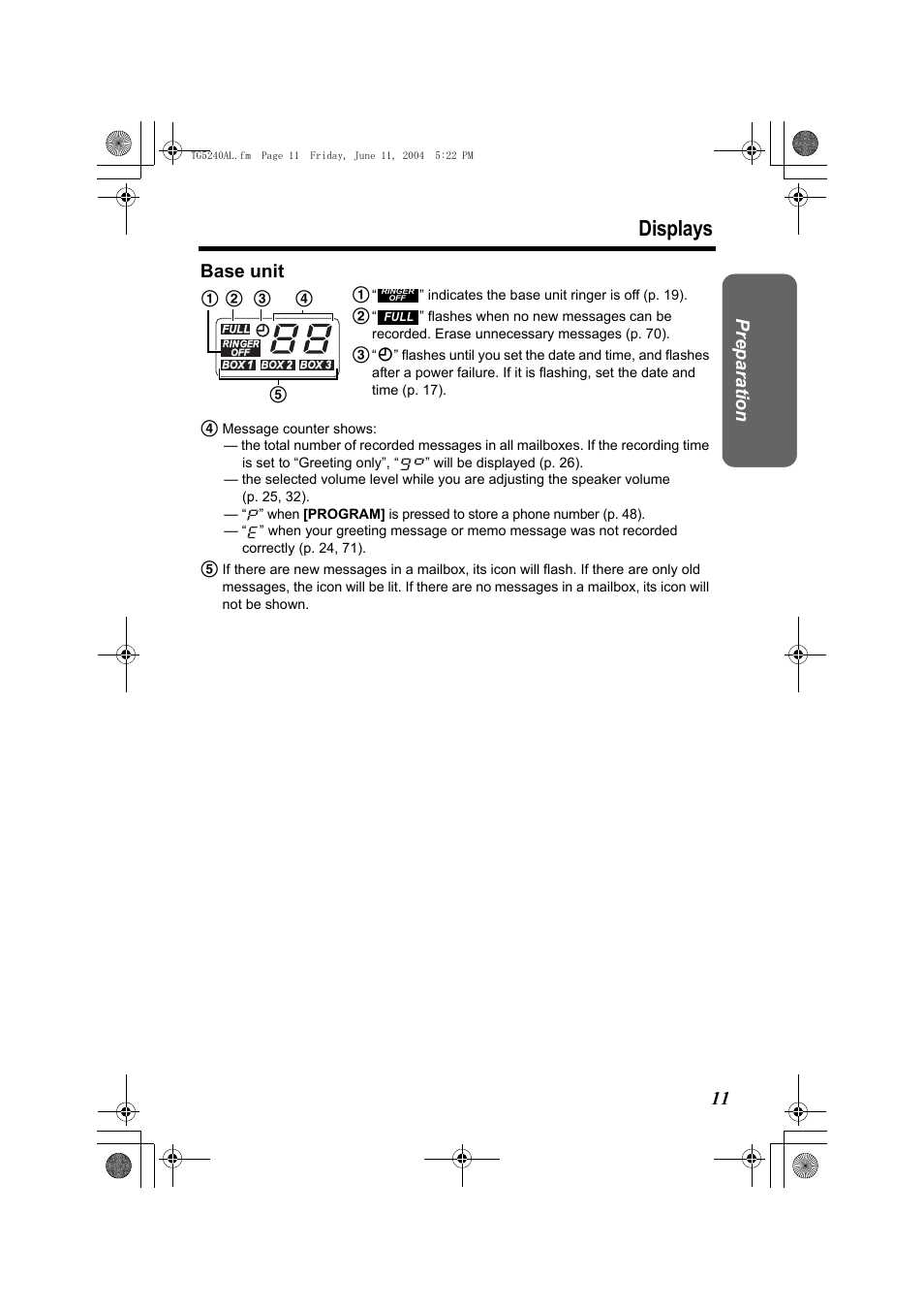 Displays, Preparatio n base unit | Panasonic KX-TG5240AL User Manual | Page 11 / 100