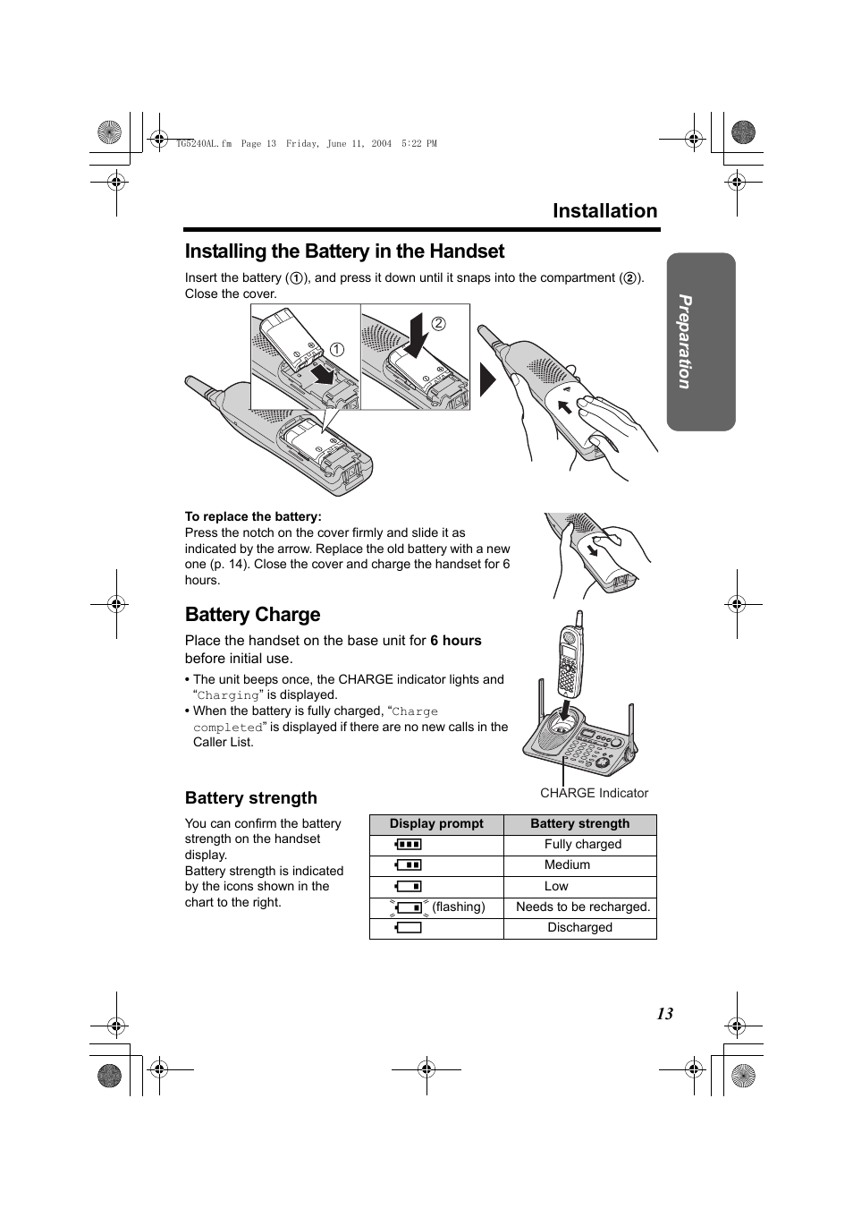 Installation, Installing the battery in the handset, Battery charge | Panasonic KX-TG5240AL User Manual | Page 13 / 100