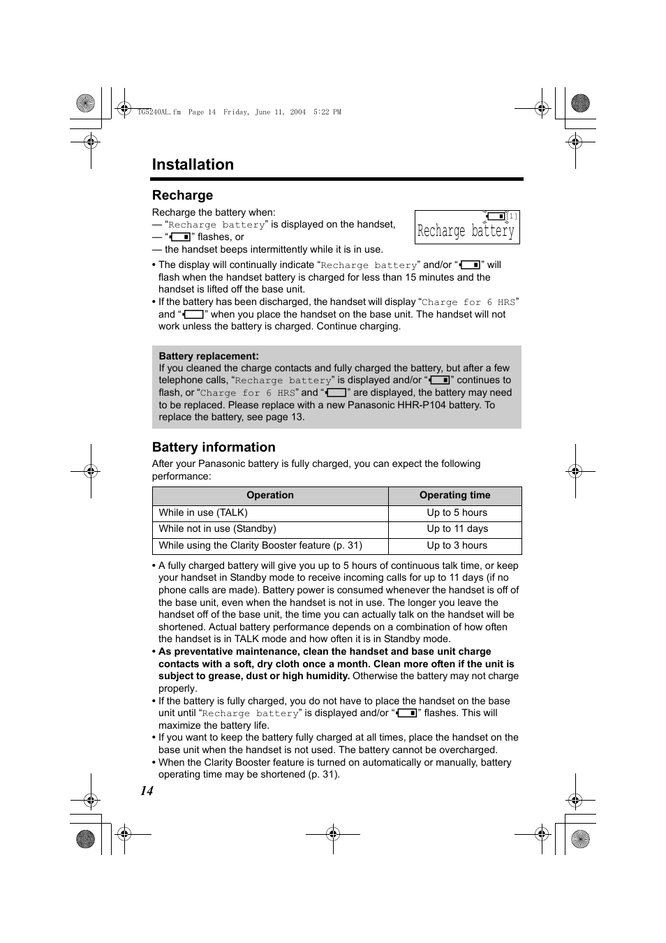 Recharge battery, Installation, 14 recharge | Battery information | Panasonic KX-TG5240AL User Manual | Page 14 / 100