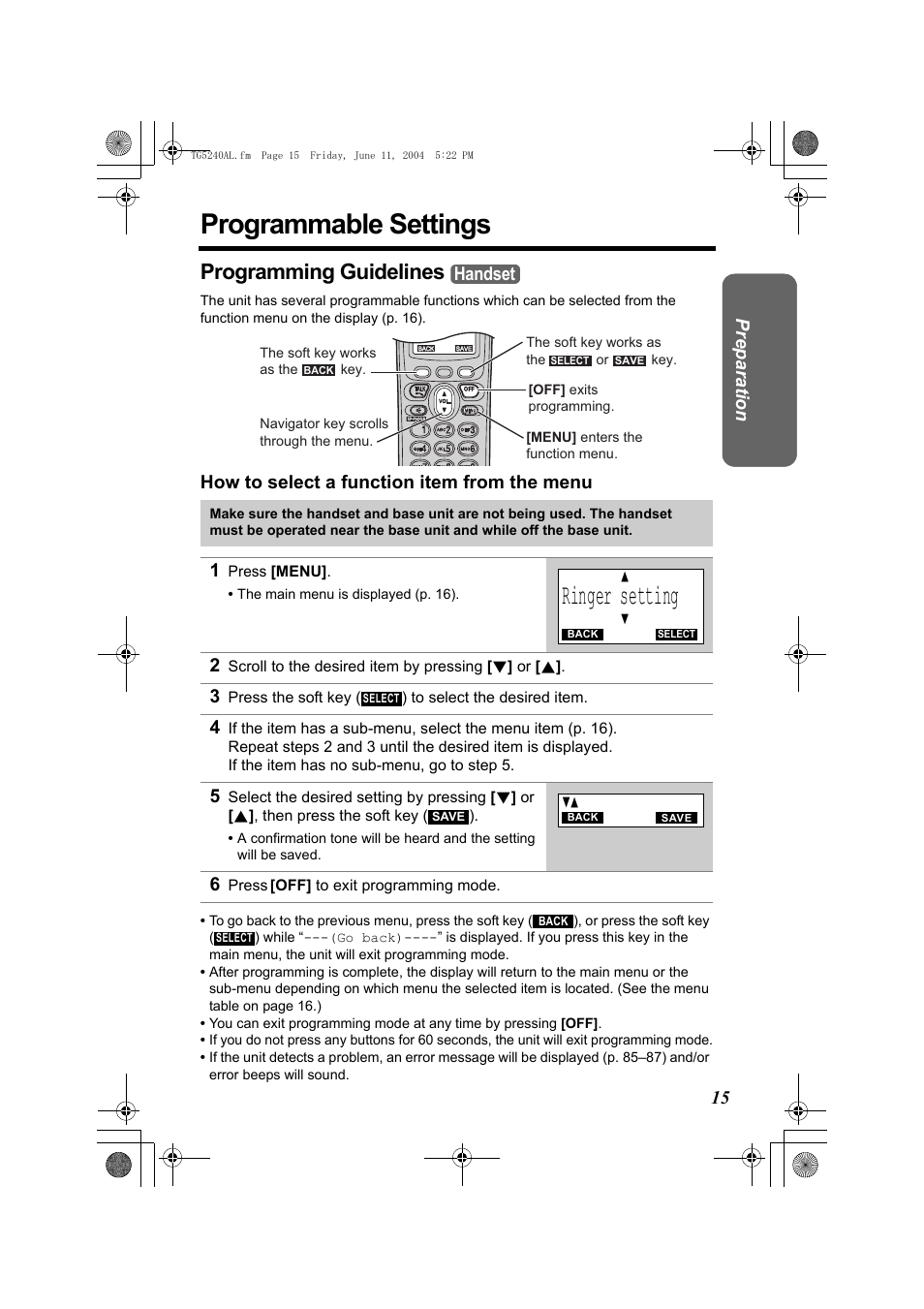 Programmable settings, Ringer setting, Programming guidelines | How to select a function item from the menu, Handset | Panasonic KX-TG5240AL User Manual | Page 15 / 100