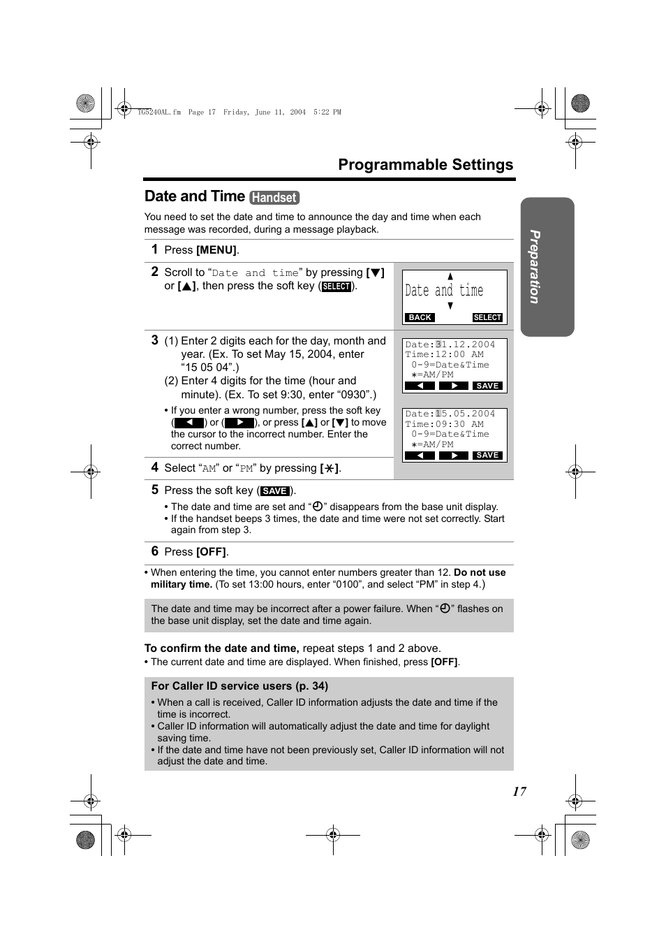 Programmable settings, Date and time, Preparatio n | Handset | Panasonic KX-TG5240AL User Manual | Page 17 / 100