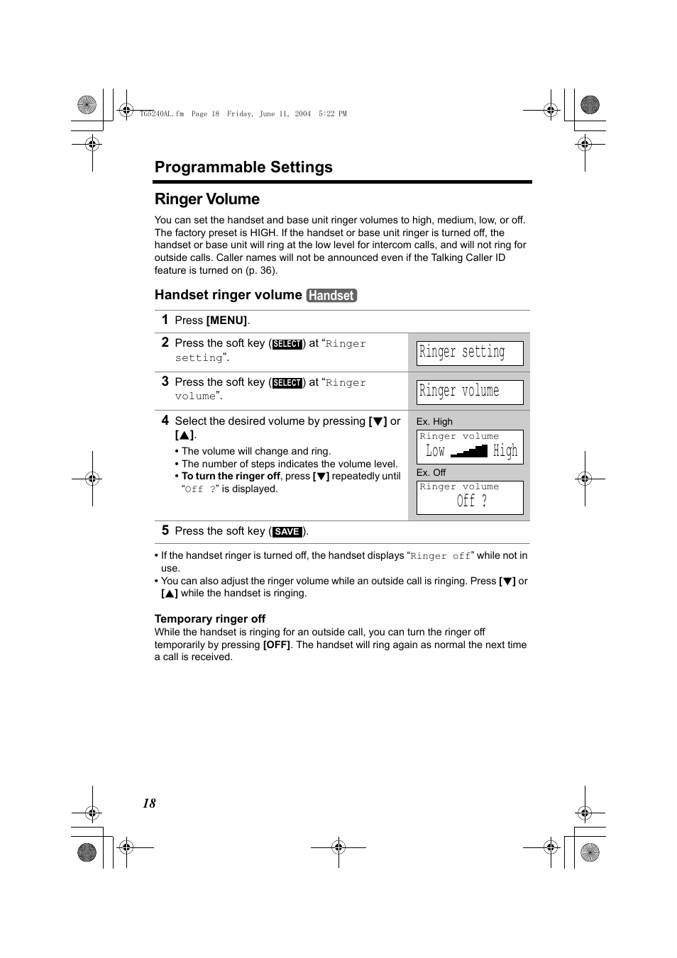 Ringer setting, Low high, Programmable settings | Ringer volume | Panasonic KX-TG5240AL User Manual | Page 18 / 100