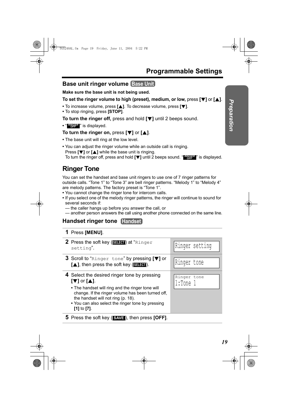 Ringer setting, Tone 1, Programmable settings | Ringer tone, Preparatio n base unit ringer volume, Handset ringer tone 1, Base unit, Handset | Panasonic KX-TG5240AL User Manual | Page 19 / 100