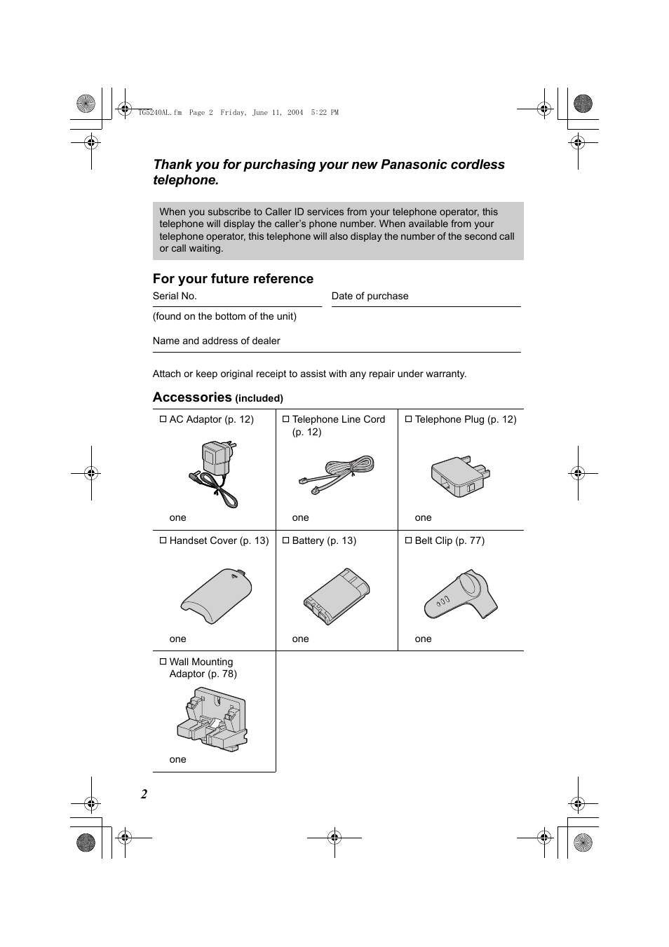 Accessories | Panasonic KX-TG5240AL User Manual | Page 2 / 100