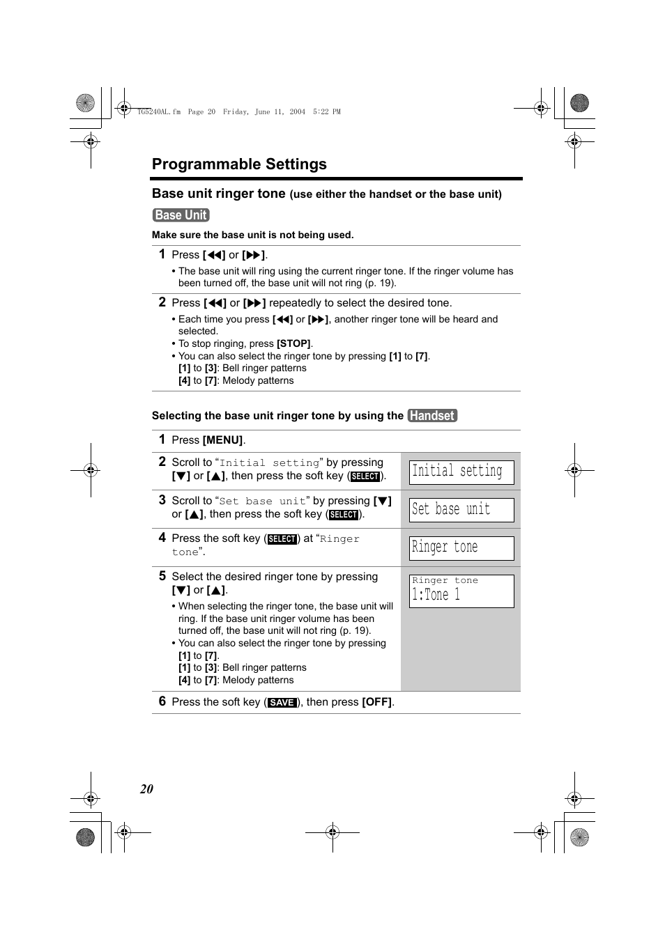 Initial setting, Set base unit, Ringer tone | Tone 1, Programmable settings | Panasonic KX-TG5240AL User Manual | Page 20 / 100