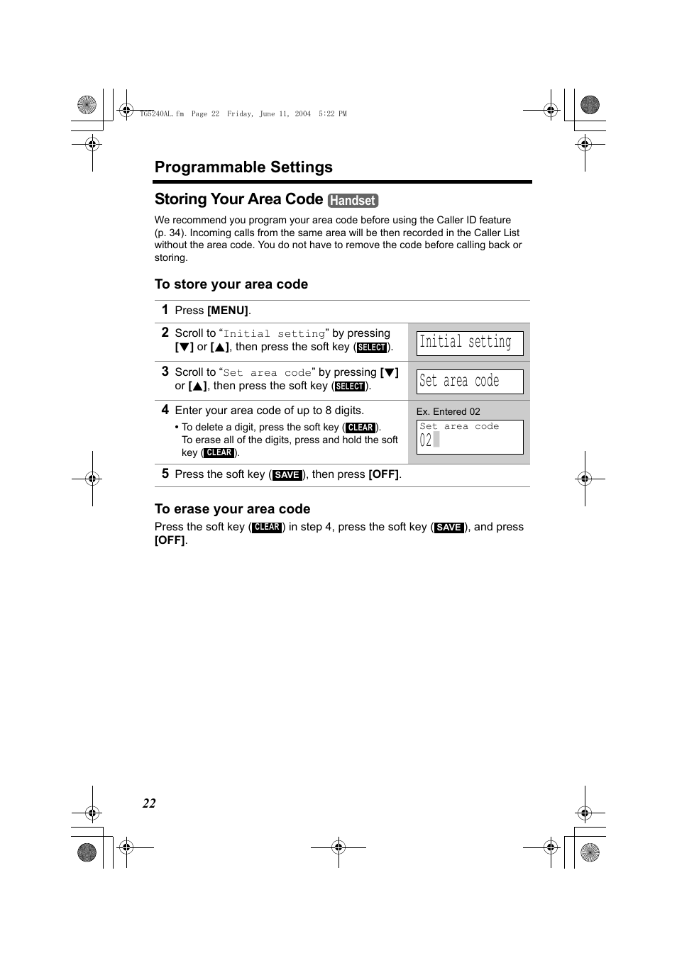 Initial setting, Set area code, Programmable settings | Storing your area code | Panasonic KX-TG5240AL User Manual | Page 22 / 100