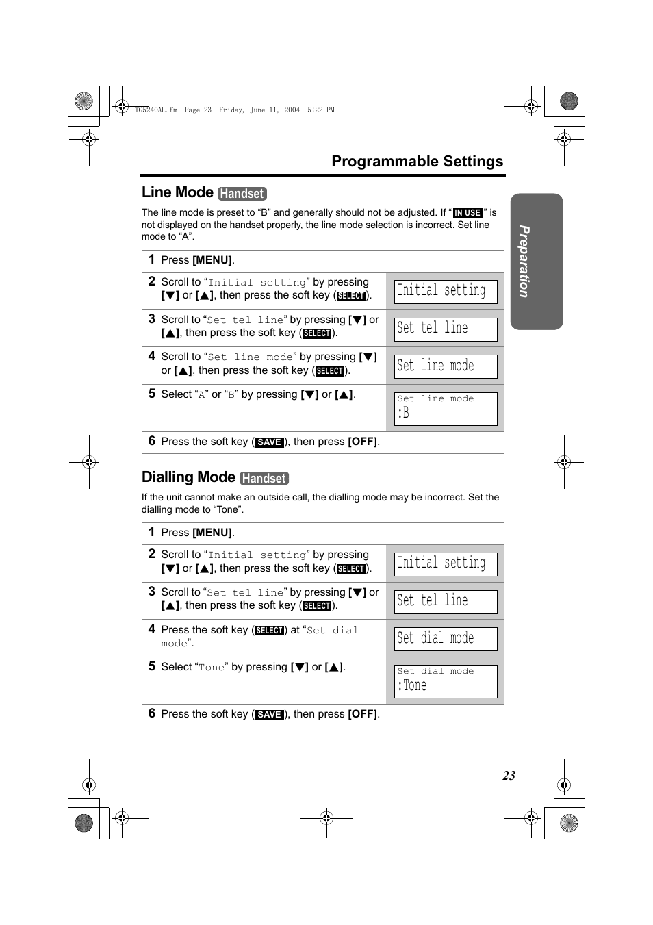 Initial setting, Set tel line, Set line mode | Set dial mode, Tone, Programmable settings, Line mode, Dialling mode | Panasonic KX-TG5240AL User Manual | Page 23 / 100