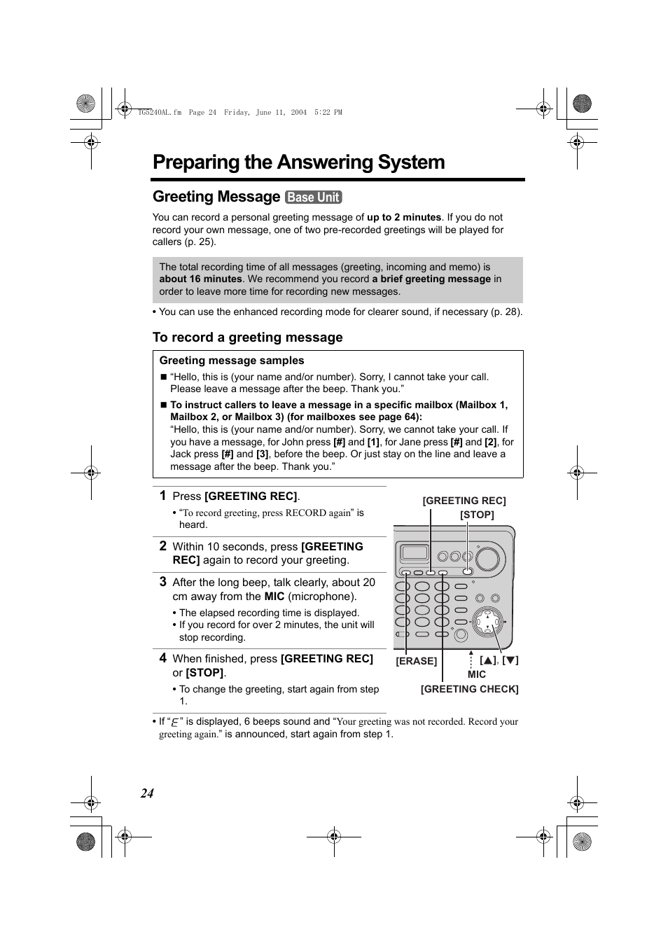 Preparing the answering system, Greeting message | Panasonic KX-TG5240AL User Manual | Page 24 / 100