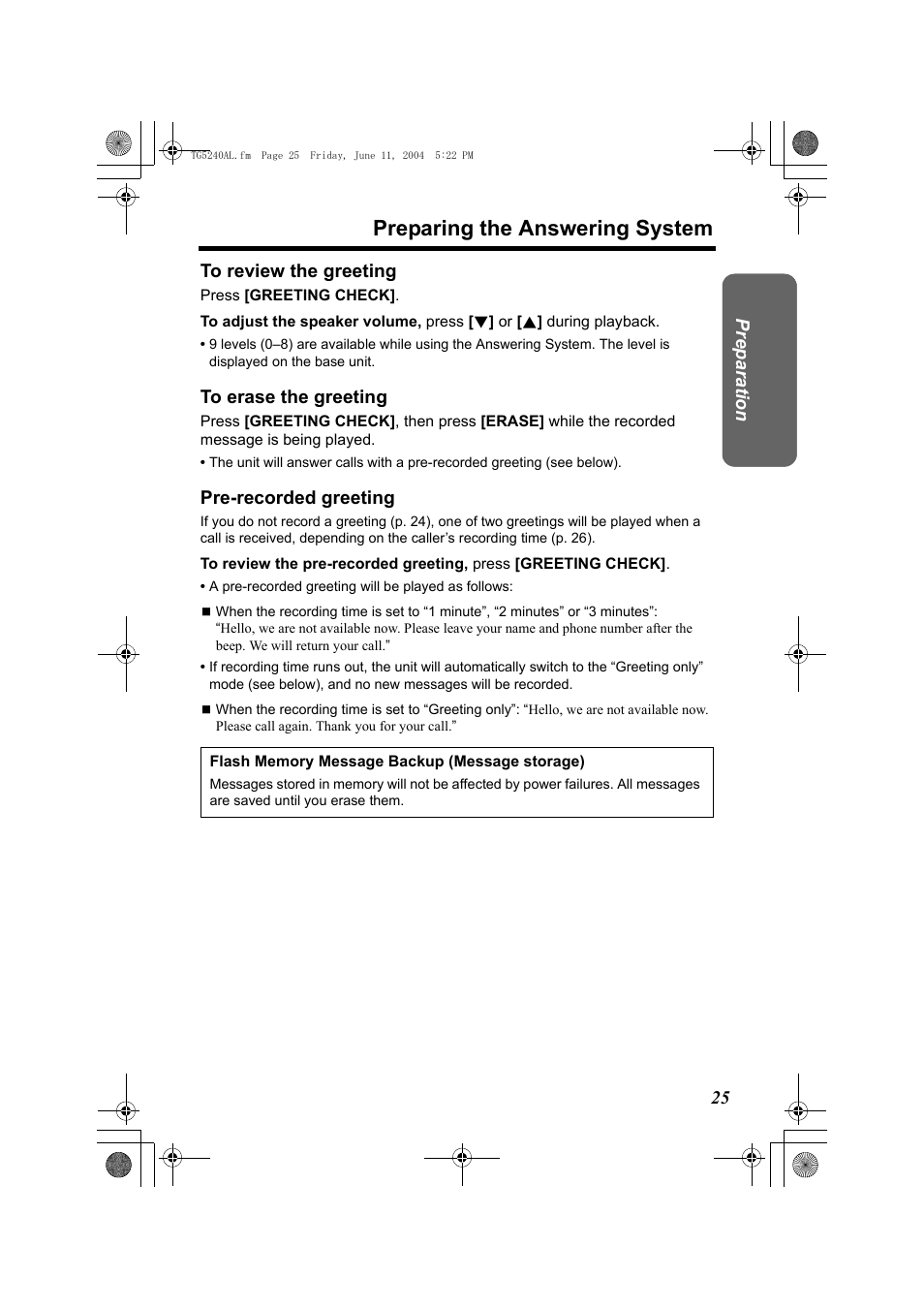 Preparing the answering system | Panasonic KX-TG5240AL User Manual | Page 25 / 100