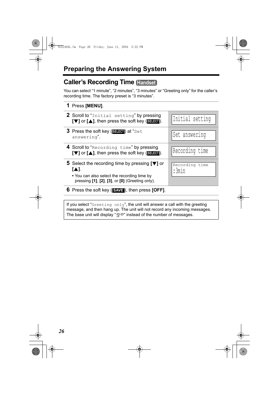 Initial setting, Set answering, Recording time | 3min, Preparing the answering system, Caller’s recording time | Panasonic KX-TG5240AL User Manual | Page 26 / 100