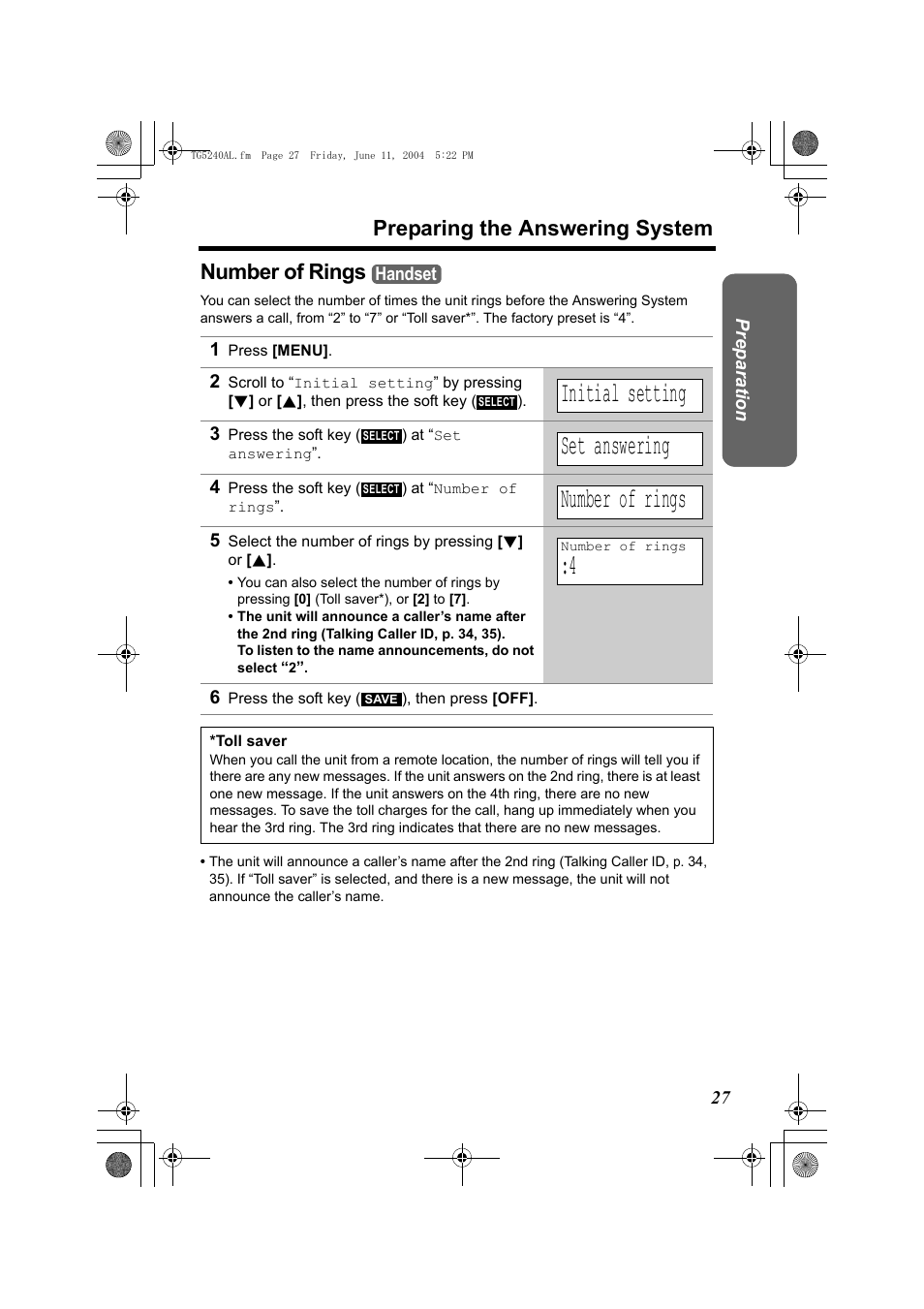 Initial setting, Set answering, Preparing the answering system | Number of rings | Panasonic KX-TG5240AL User Manual | Page 27 / 100