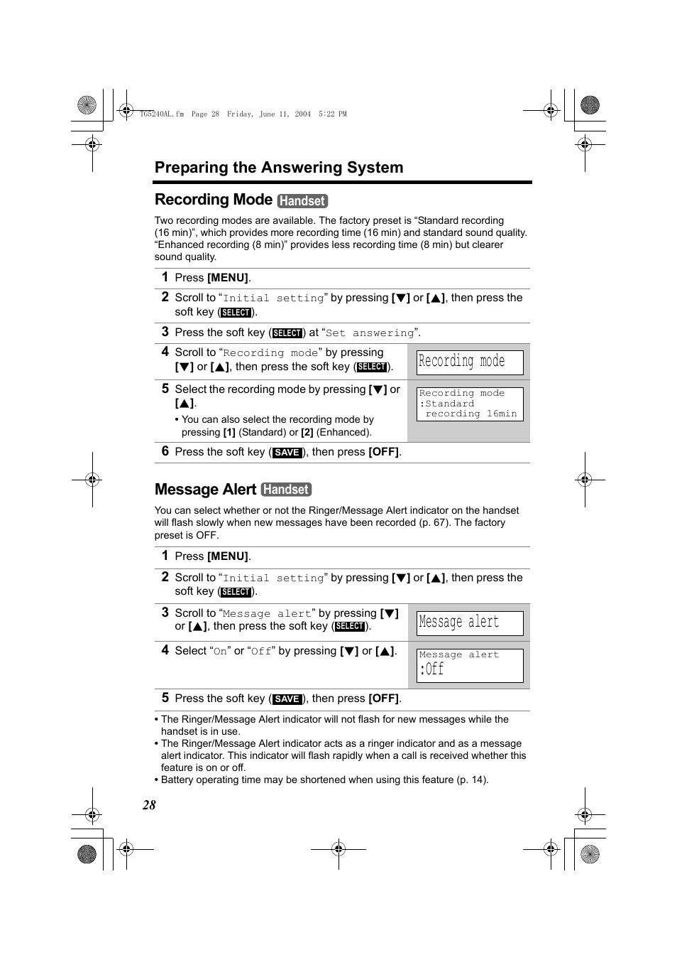 Preparing the answering system, Recording mode, Message alert | Panasonic KX-TG5240AL User Manual | Page 28 / 100