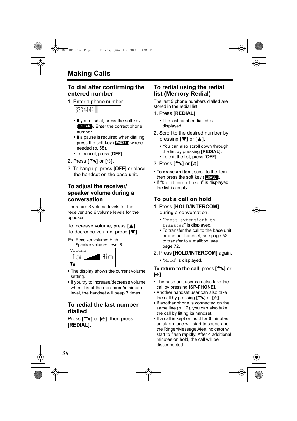 Low high, Making calls | Panasonic KX-TG5240AL User Manual | Page 30 / 100