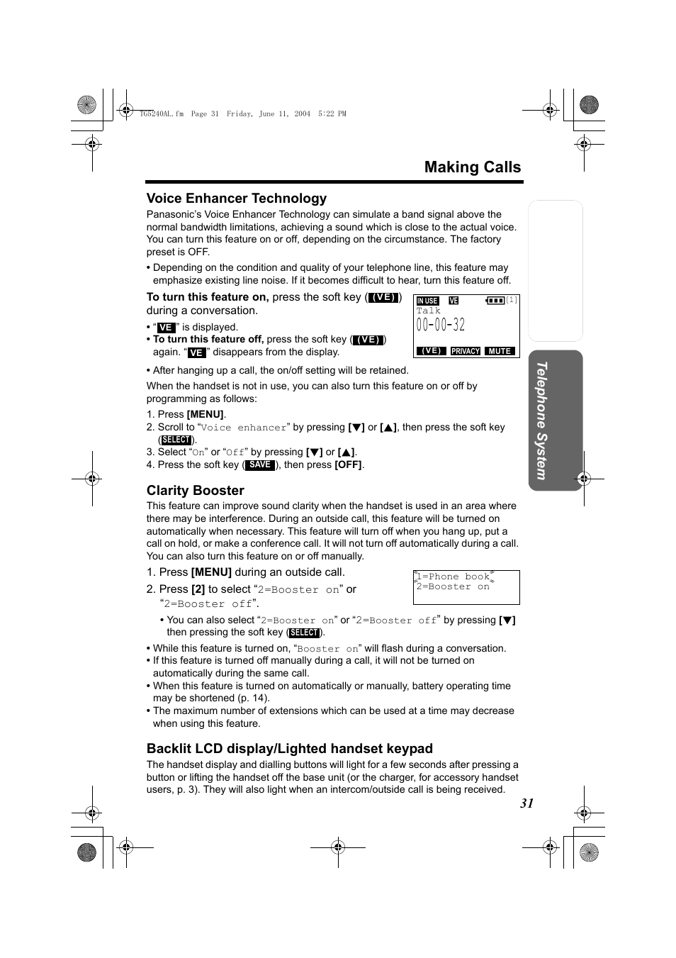 Making calls, Te lephone system voice enhancer technology, Clarity booster | Backlit lcd display/lighted handset keypad | Panasonic KX-TG5240AL User Manual | Page 31 / 100