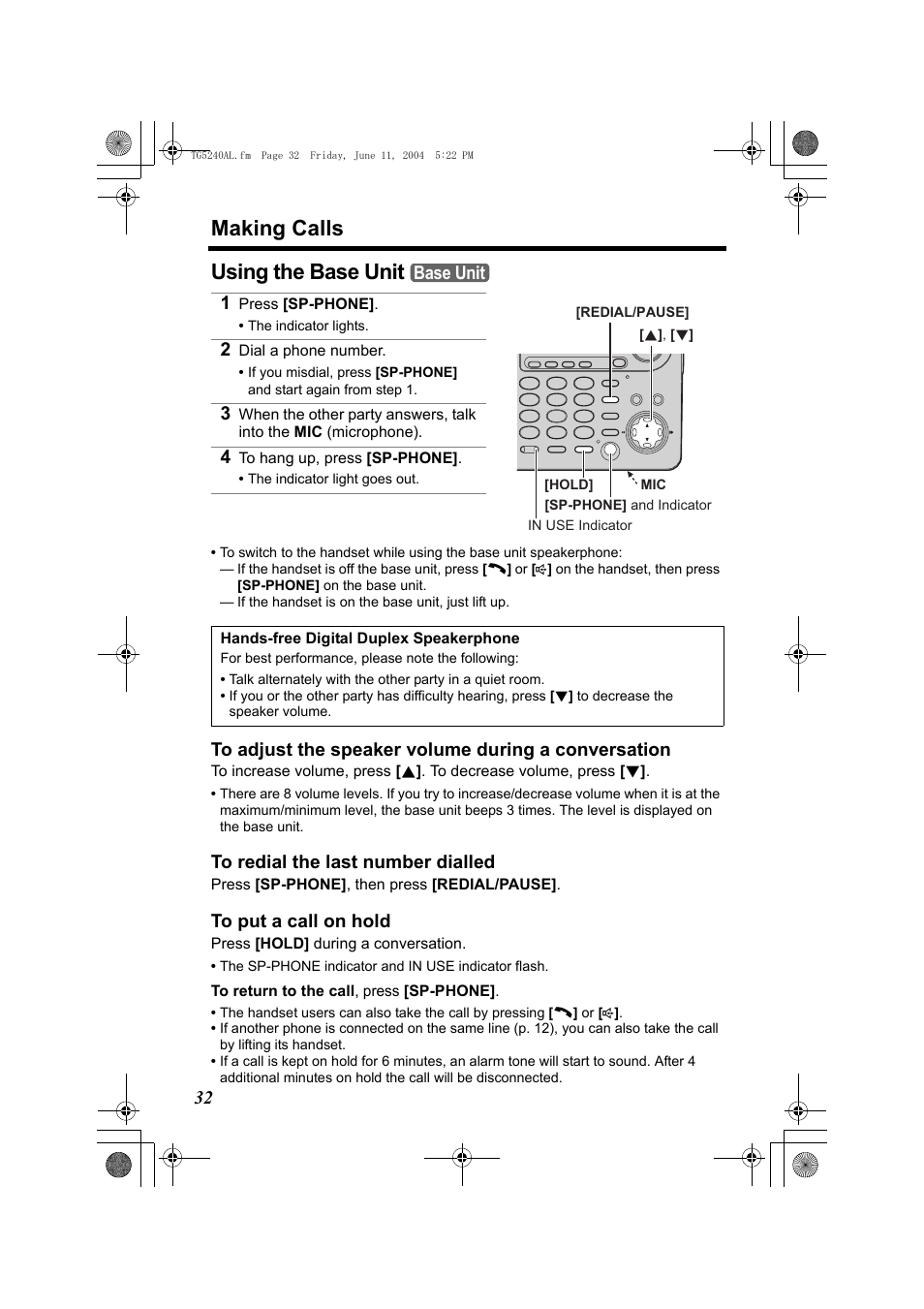 Making calls, Using the base unit, Base unit | Panasonic KX-TG5240AL User Manual | Page 32 / 100