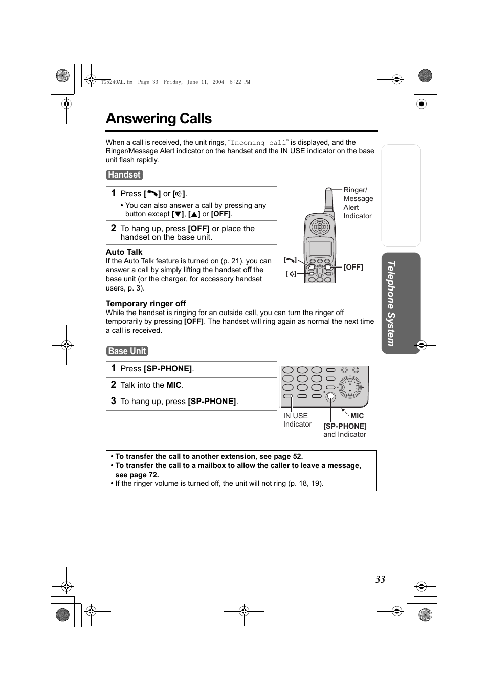 Answering calls | Panasonic KX-TG5240AL User Manual | Page 33 / 100