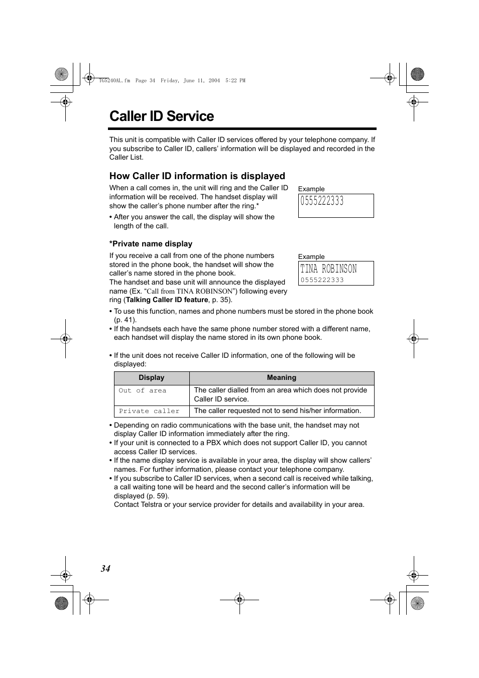 Caller id service, Tina robinson, How caller id information is displayed | Panasonic KX-TG5240AL User Manual | Page 34 / 100