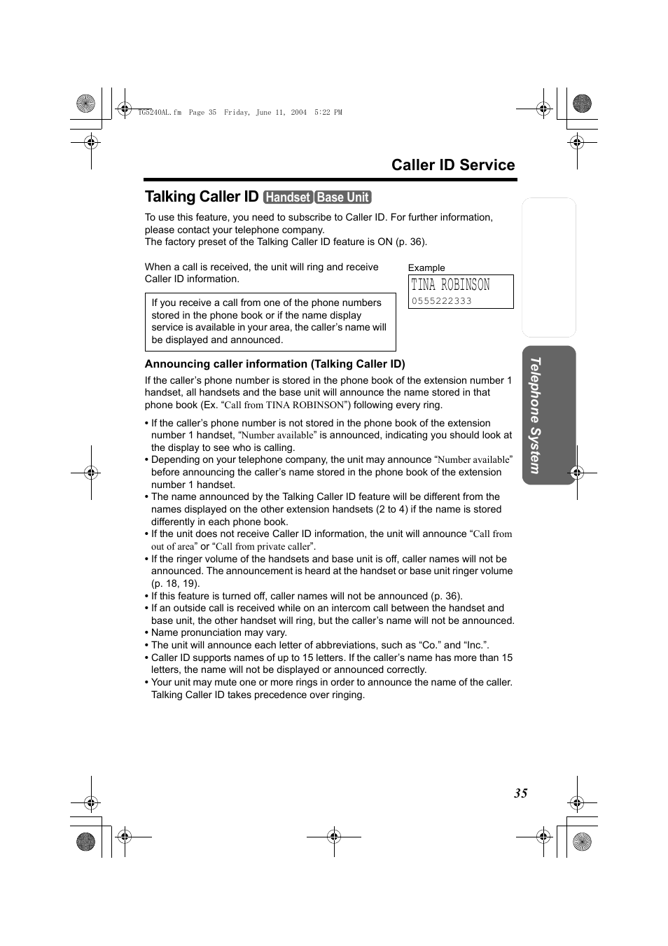 Tina robinson, Caller id service, Talking caller id | Panasonic KX-TG5240AL User Manual | Page 35 / 100