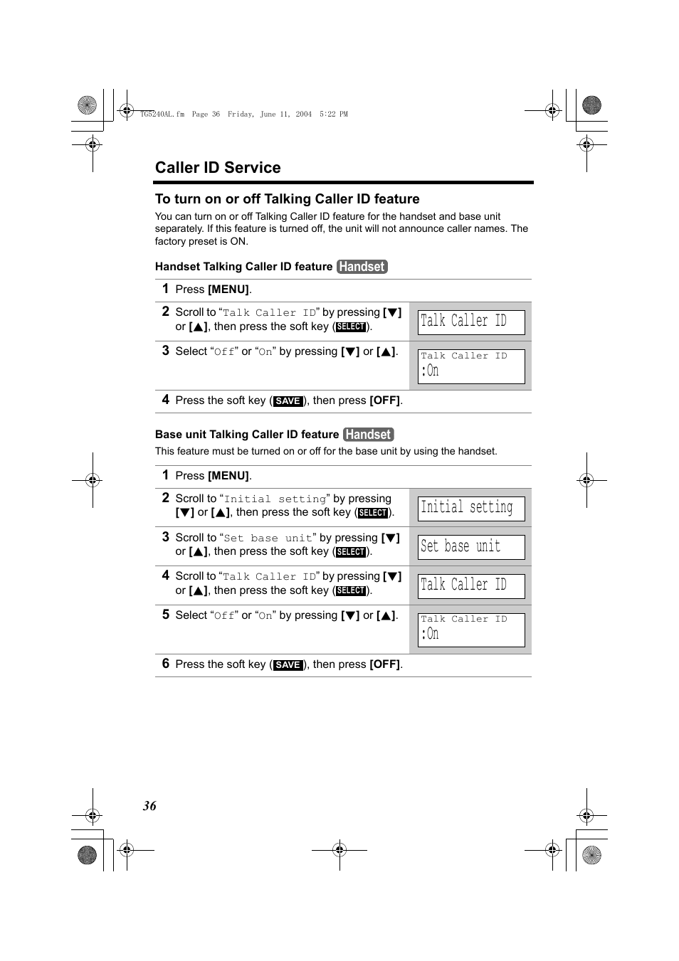 Talk caller id, Initial setting, Set base unit | Caller id service | Panasonic KX-TG5240AL User Manual | Page 36 / 100