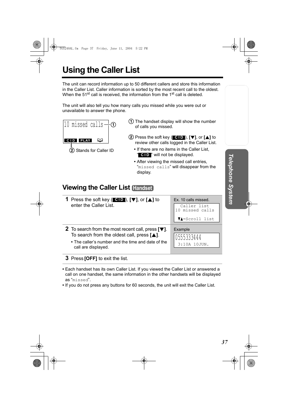 Using the caller list, 10 missed calls, Viewing the caller list | Panasonic KX-TG5240AL User Manual | Page 37 / 100