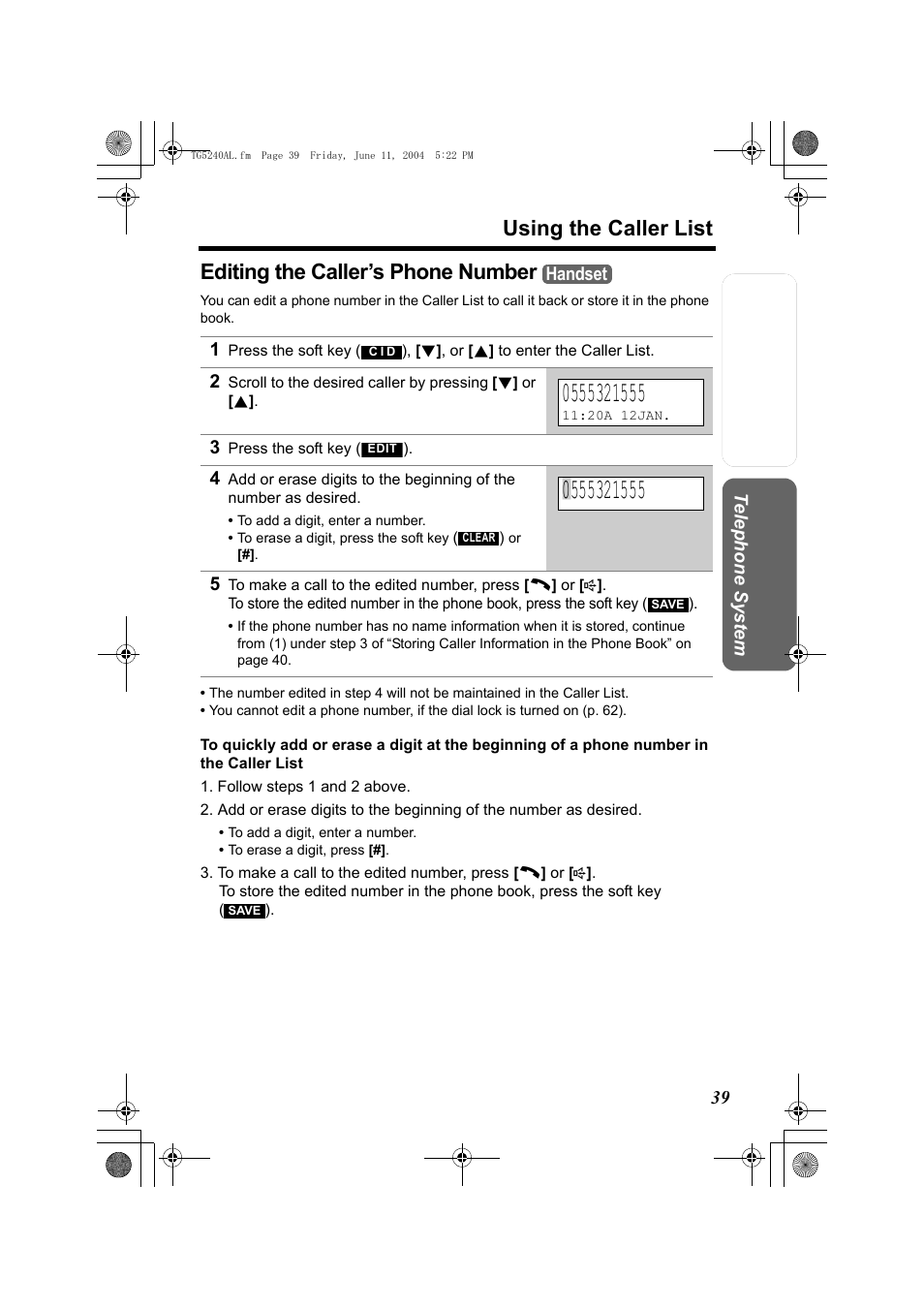 Using the caller list, Editing the caller’s phone number | Panasonic KX-TG5240AL User Manual | Page 39 / 100